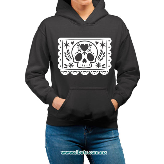 Sudadera Mujer Gorro Papel Picado Calavera Día de Muertos