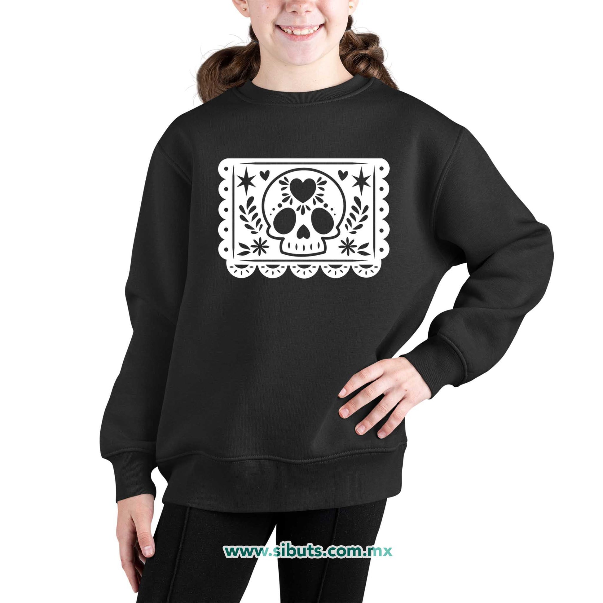 Sudadera Niña Cuello Redondo Papel Picado Calavera Día de Muertos