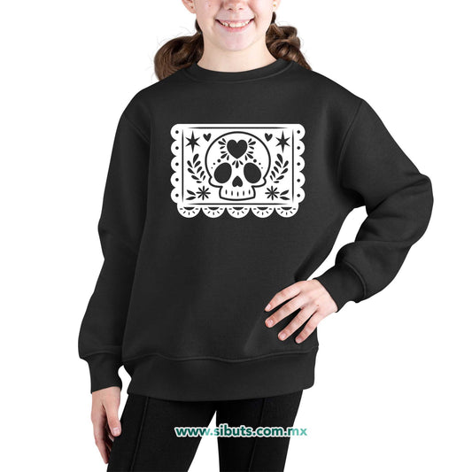 Sudadera Niña Cuello Redondo Papel Picado Calavera Día de Muertos