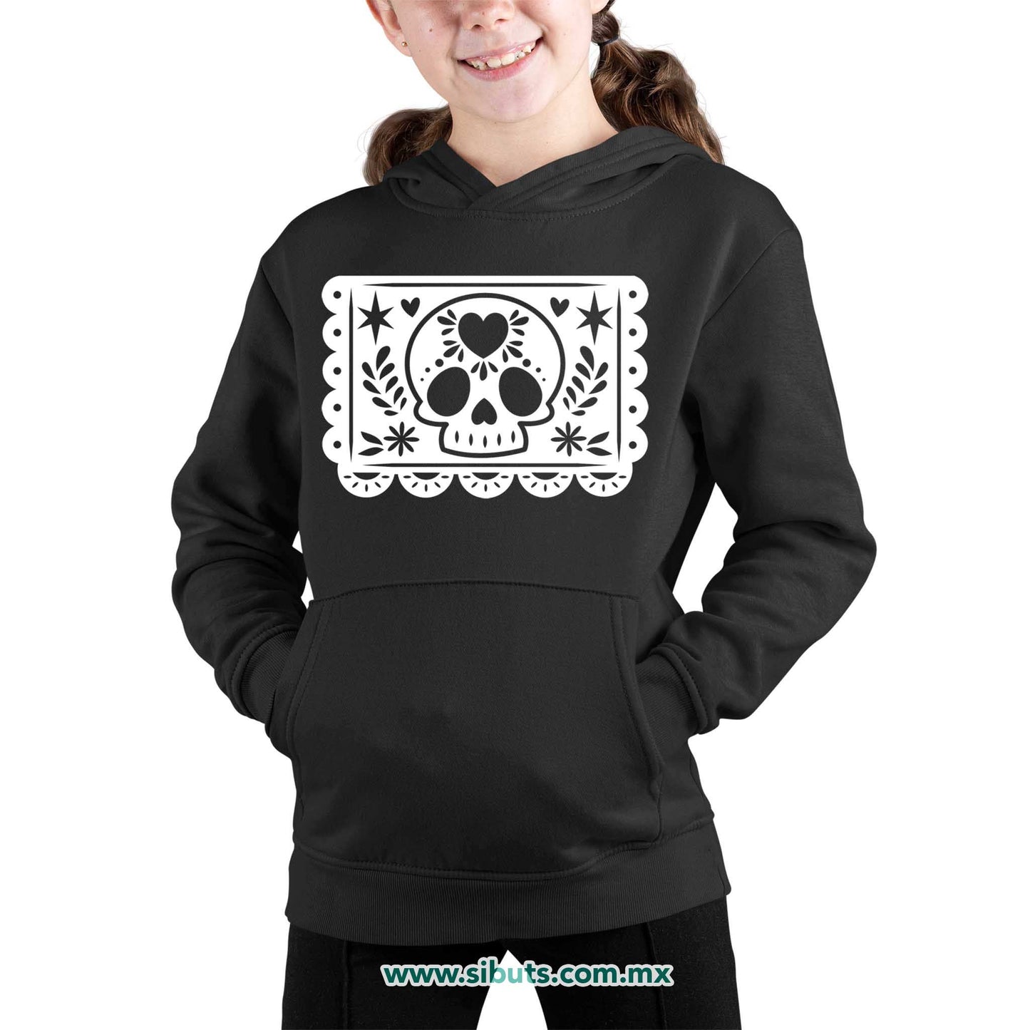 Sudadera Niña Gorro Papel Picado Calavera Día de Muertos