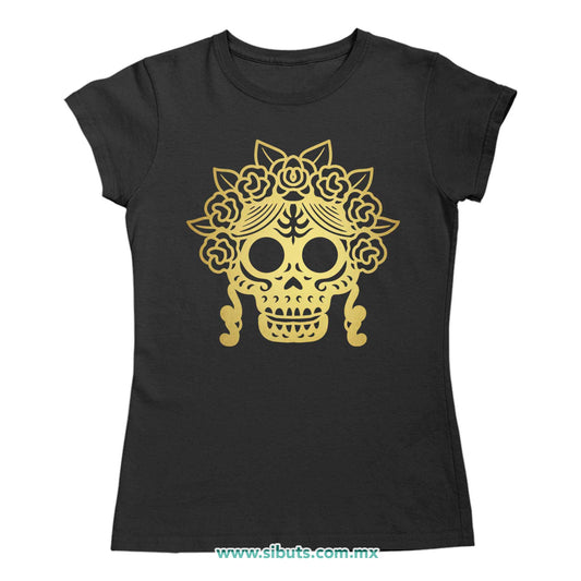 Playera Mujer Papel Picado Catrina Dorada Día de Muertos