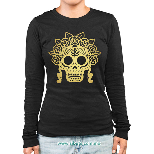 Playera Mujer Manga Larga Papel Picado Catrina Dorada Día de Muertos