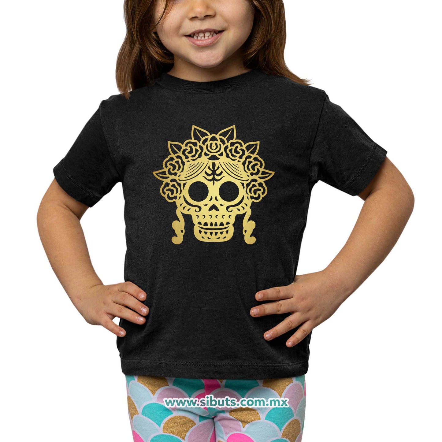 Playera Niña Papel Picado Catrina Dorada Día de Muertos