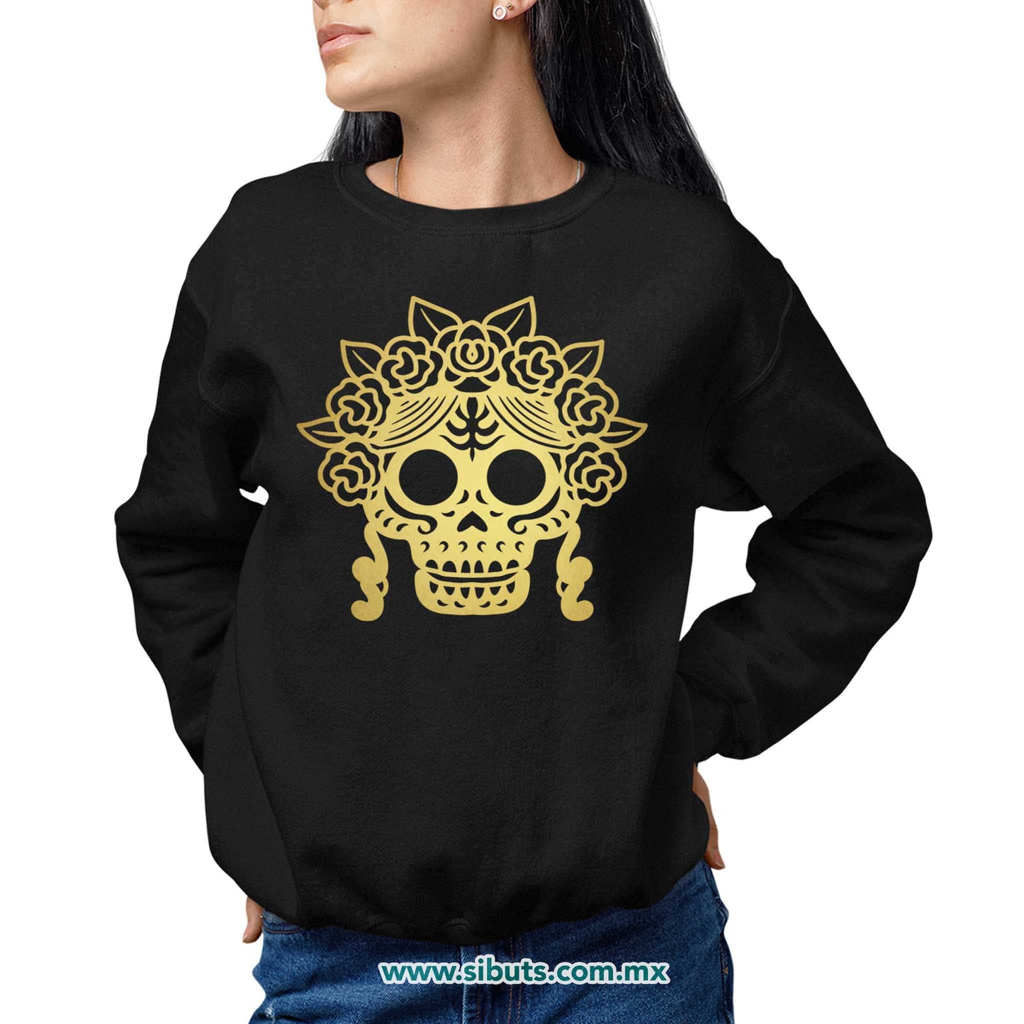 Sudadera Mujer Cuello Redondo Papel Picado Catrina Dorada Día de Muertos
