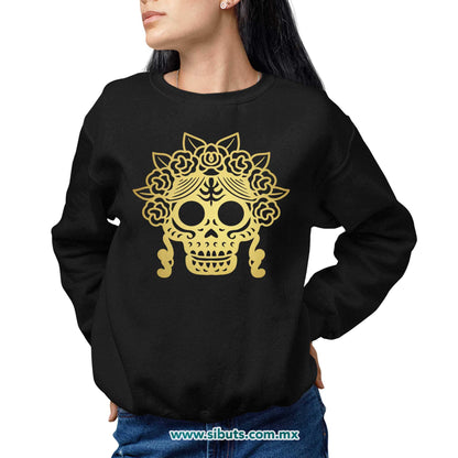 Sudadera Mujer Cuello Redondo Papel Picado Catrina Dorada Día de Muertos