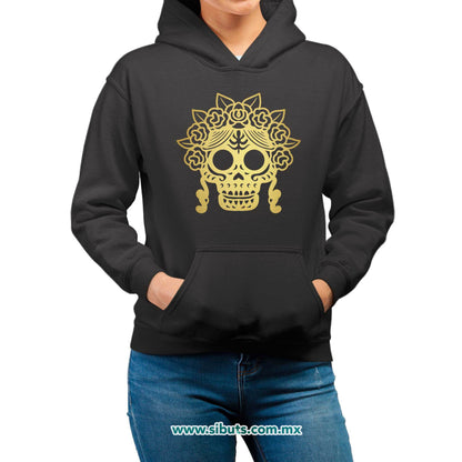 Sudadera Mujer Gorro Papel Picado Catrina Dorada Día de Muertos