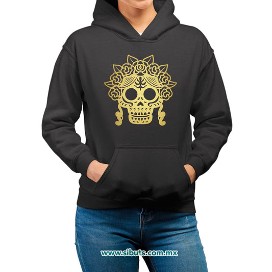 Sudadera Mujer Gorro Papel Picado Catrina Dorada Día de Muertos