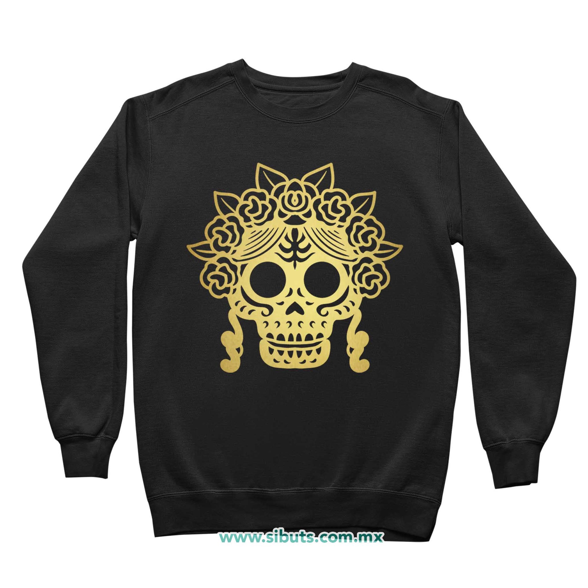 Sudadera Niña Cuello Redondo Papel Picado Catrina Dorada Día de Muertos