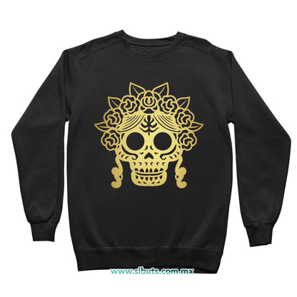 Sudadera Niña Cuello Redondo Papel Picado Catrina Dorada Día de Muertos