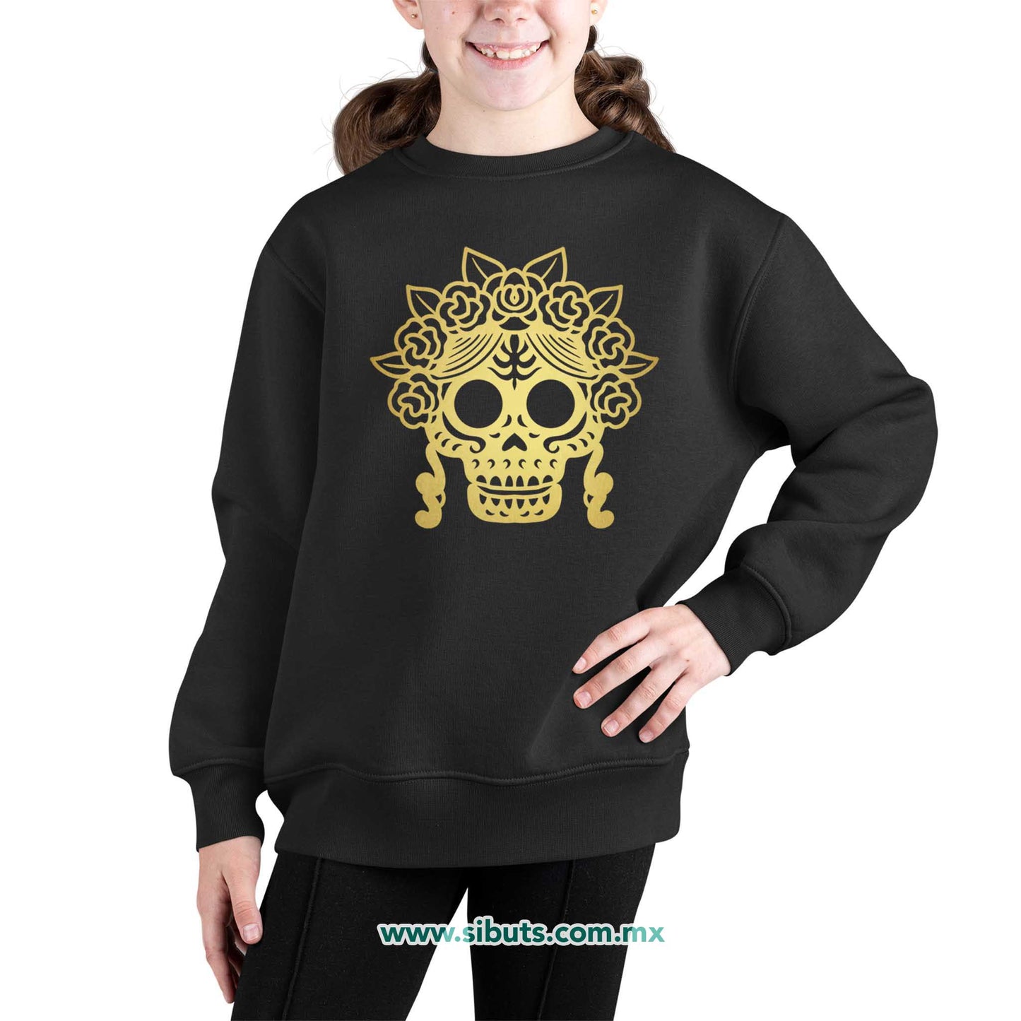 Sudadera Niña Cuello Redondo Papel Picado Catrina Dorada Día de Muertos
