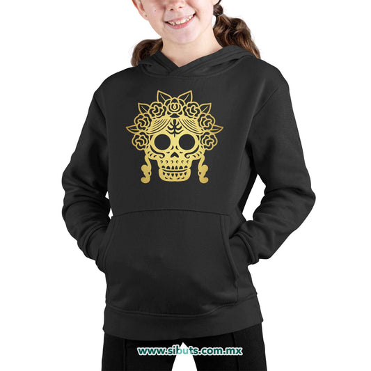 Sudadera Niña Gorro Papel Picado Catrina Dorada Día de Muertos