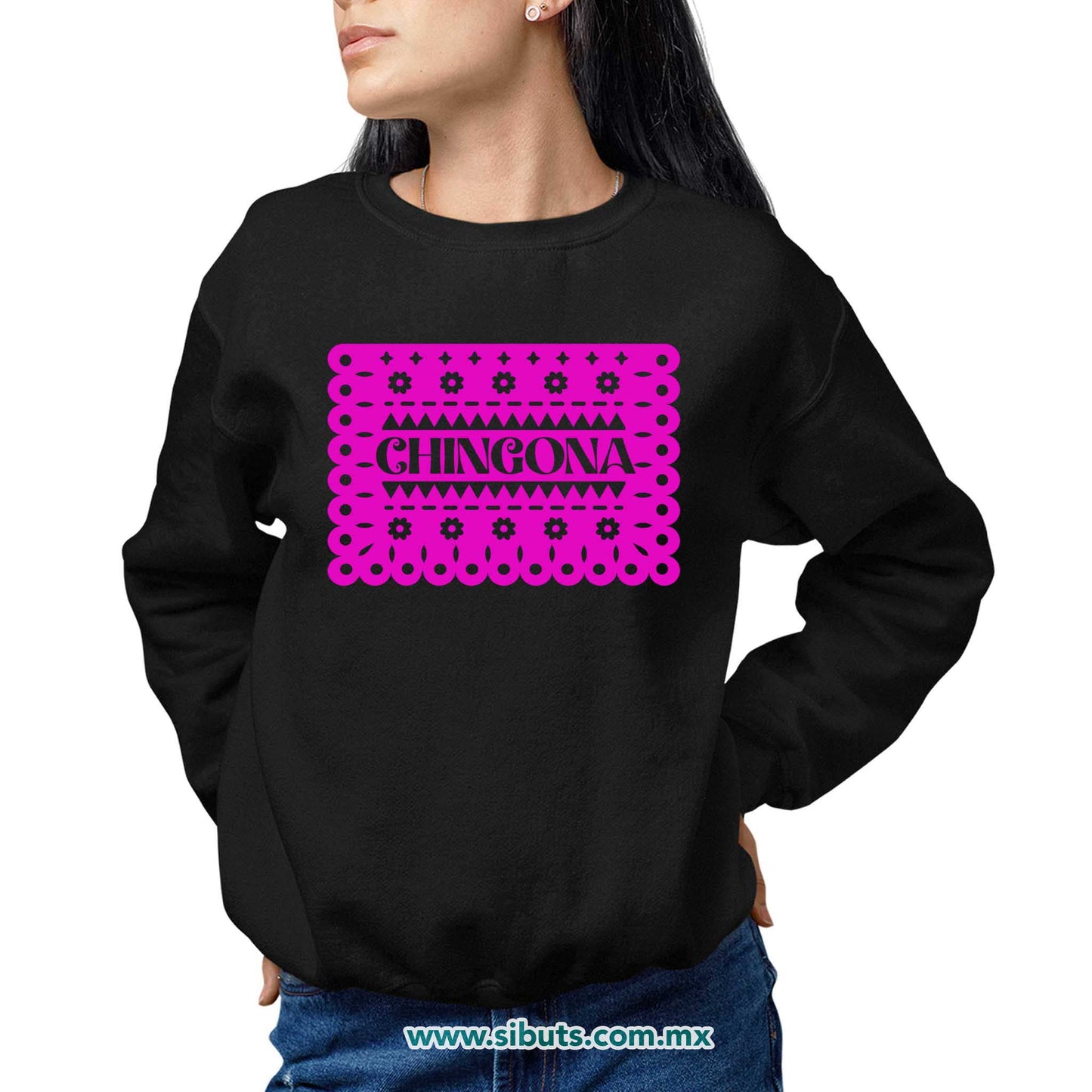 Sudadera Mujer Cuello Redondo Papel Picado Chingona Día de Muertos