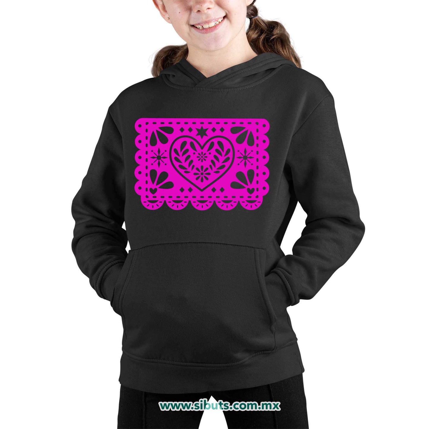 Sudadera Niña Gorro Papel Picado Corazón Día de Muertos