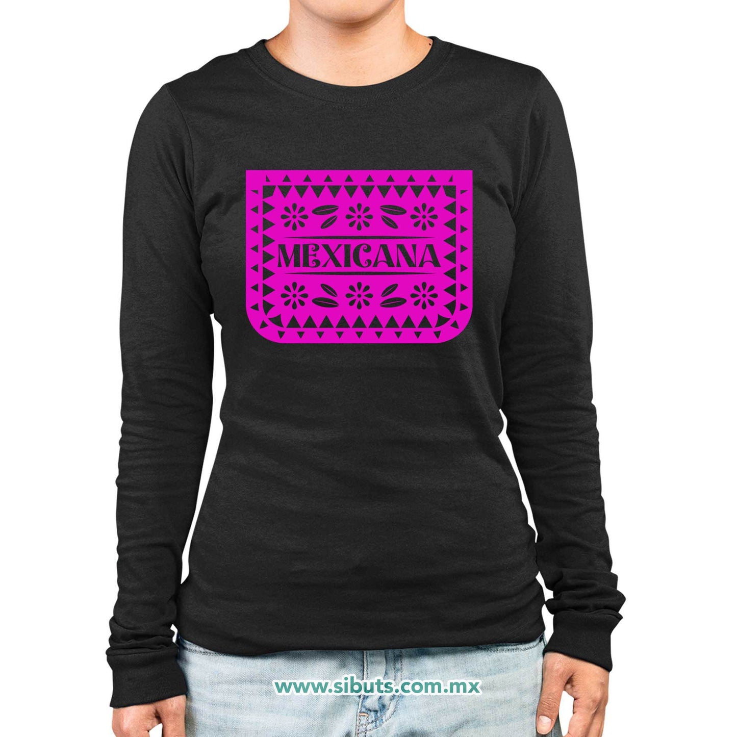 Playera Mujer Manga Larga Papel Picado Mexicana Día de Muertos