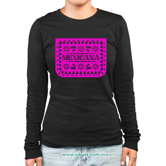 Playera Mujer Manga Larga Papel Picado Mexicana Día de Muertos