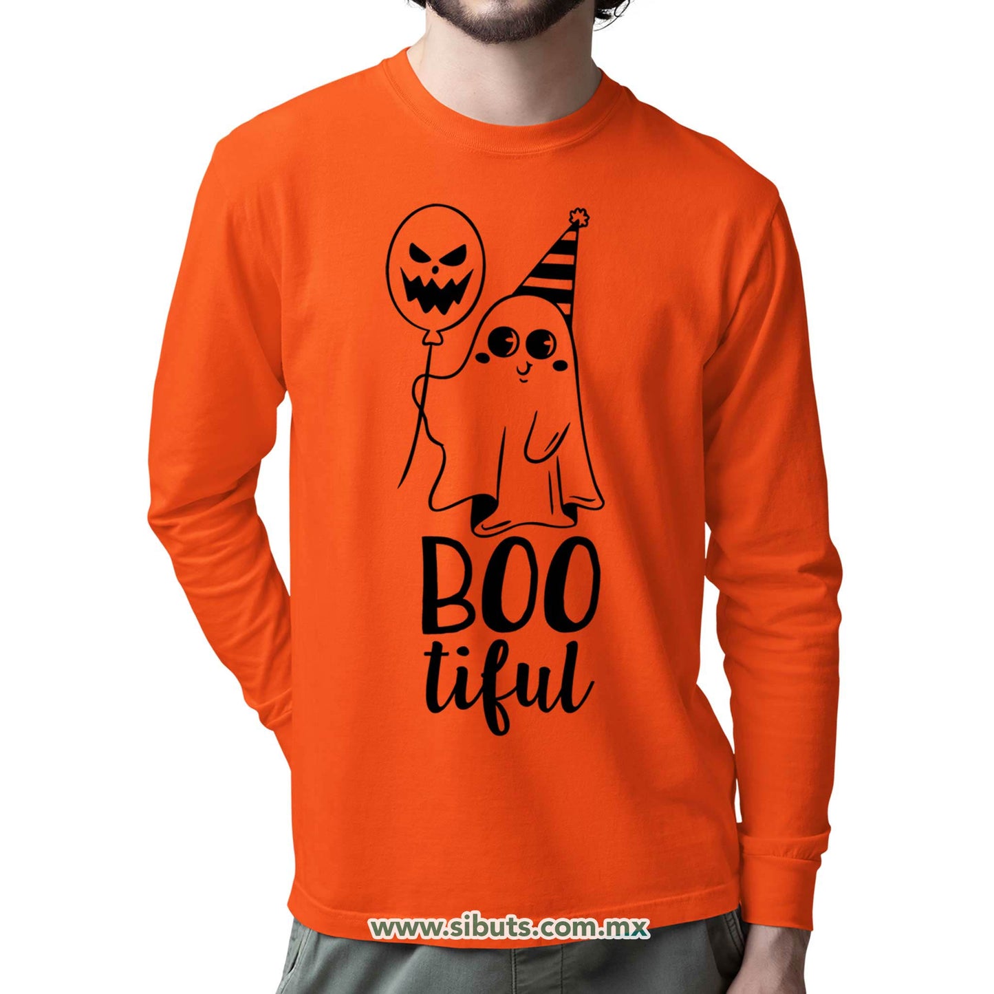 Playera Hombre Manga Larga Halloween Boo Tiful