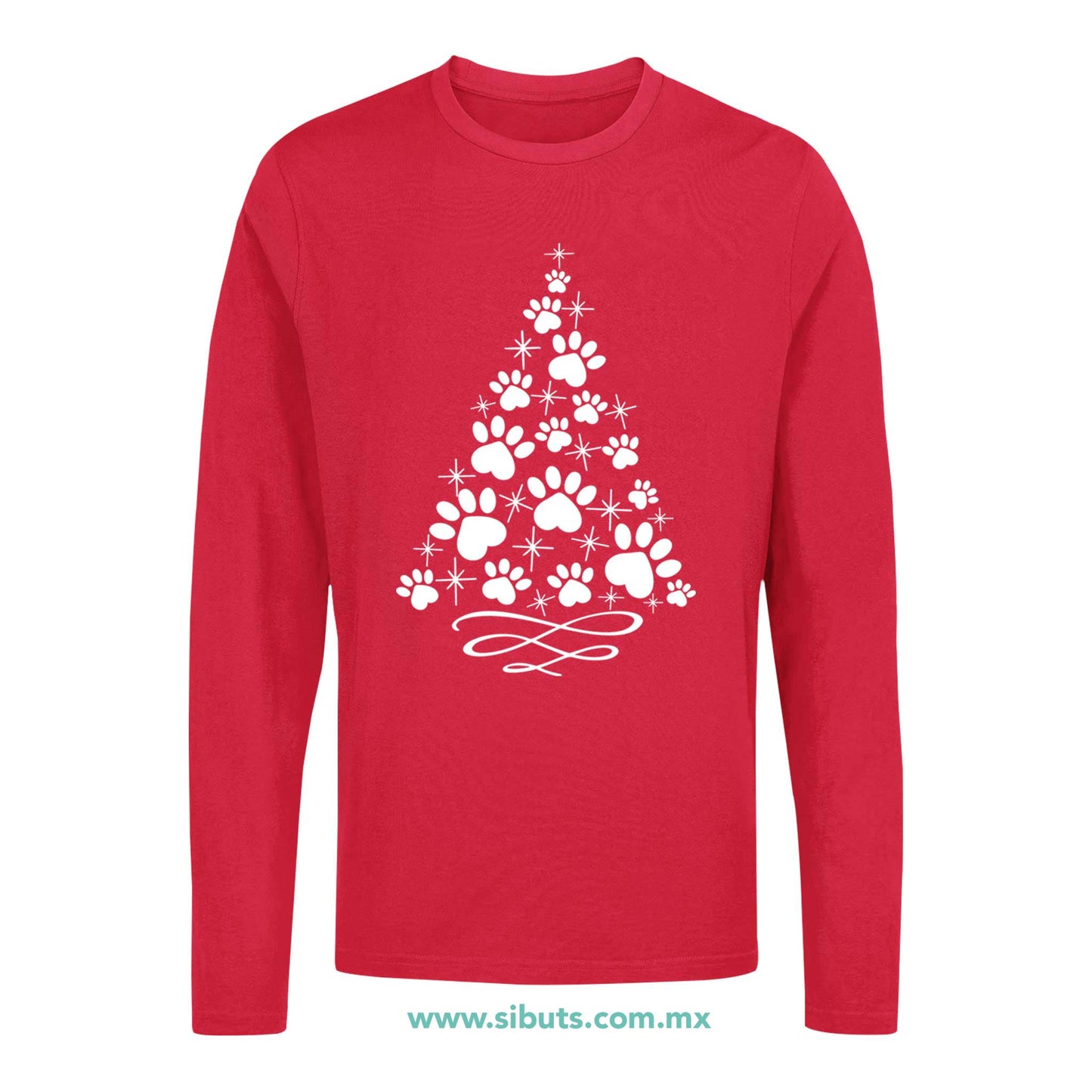 Playera Hombre Manga Larga Árbol Navidad Con Huella De Perrito