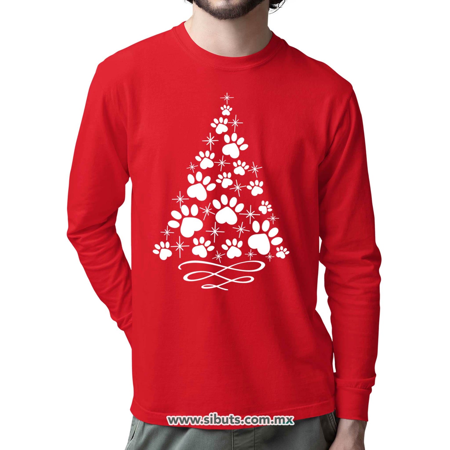 Playera Hombre Manga Larga Árbol Navidad Con Huella De Perrito