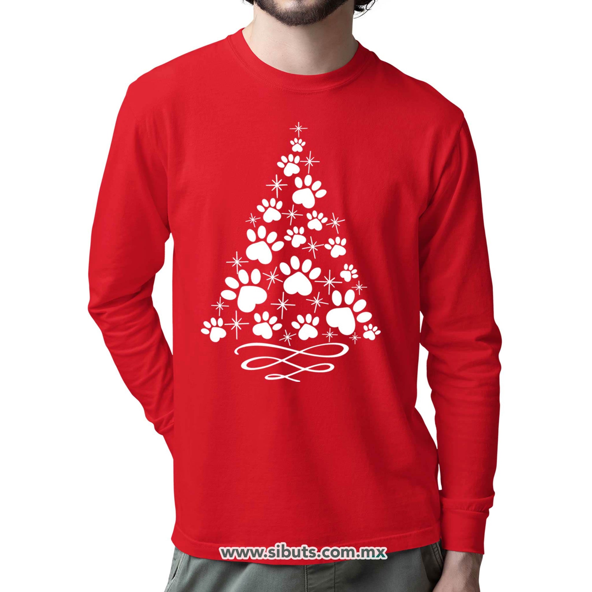 Playera Hombre Manga Larga Árbol Navidad Con Huella De Perrito