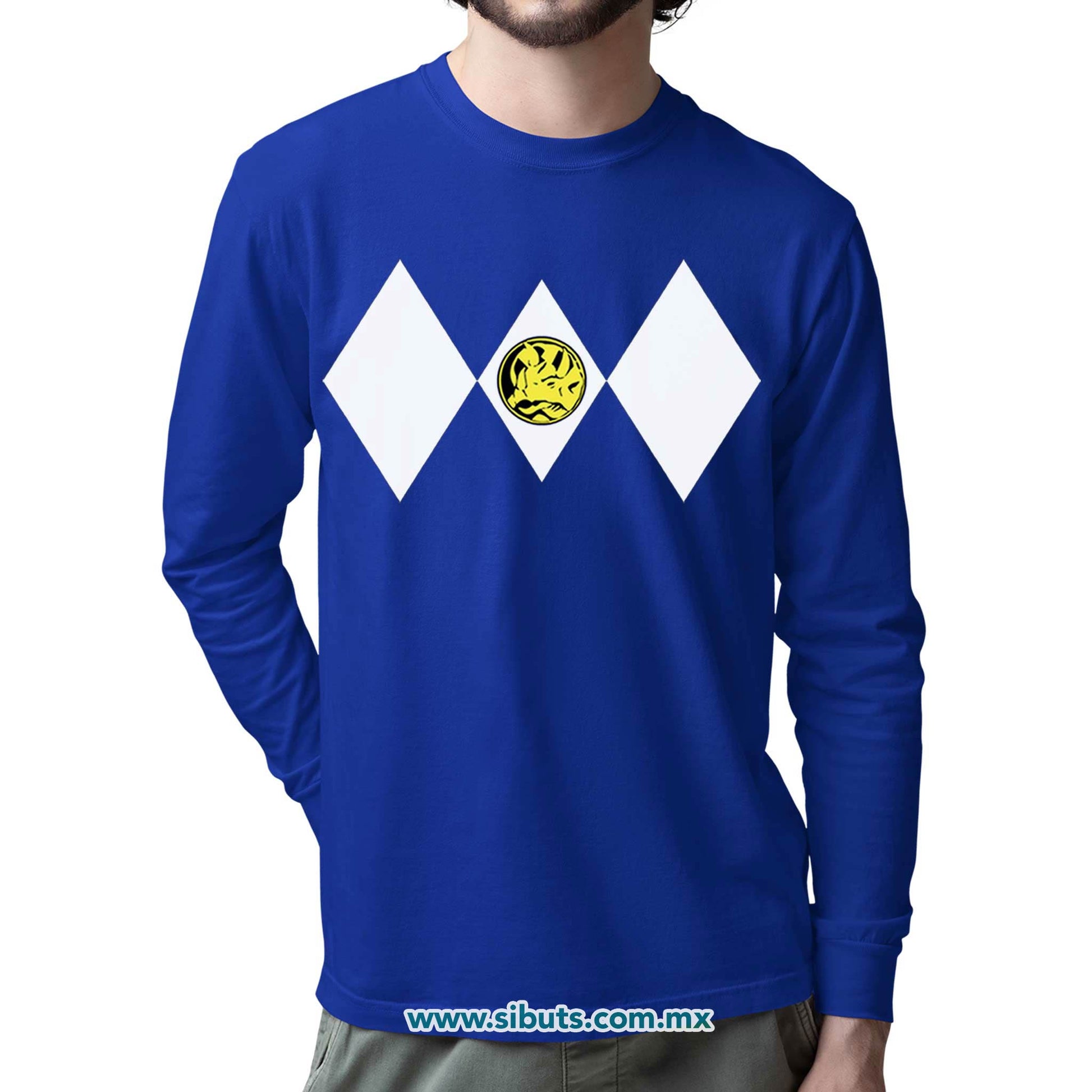 Playera Hombre Manga Larga Power Ranger Azul