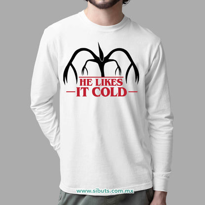 Playera Hombre Manga Larga Stranger Things Demogorgon He Likes It Cold