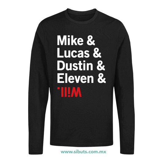 Playera Hombre Manga Larga Stranger Things Names Mike Lucas Dustin Eleven Will