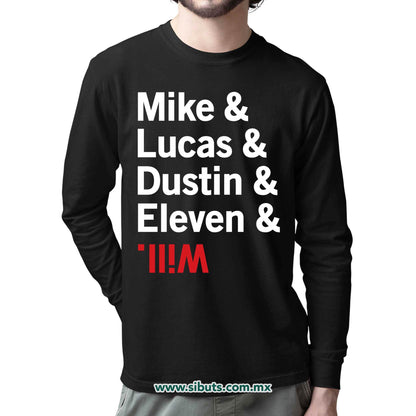 Playera Hombre Manga Larga Stranger Things Names Mike Lucas Dustin Eleven Will