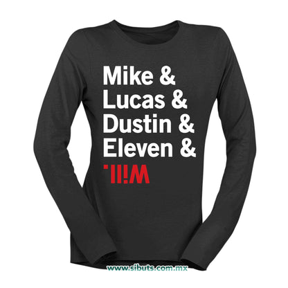 Playera Mujer Manga Larga Stranger Things Names Mike Lucas Dustin Eleven Will