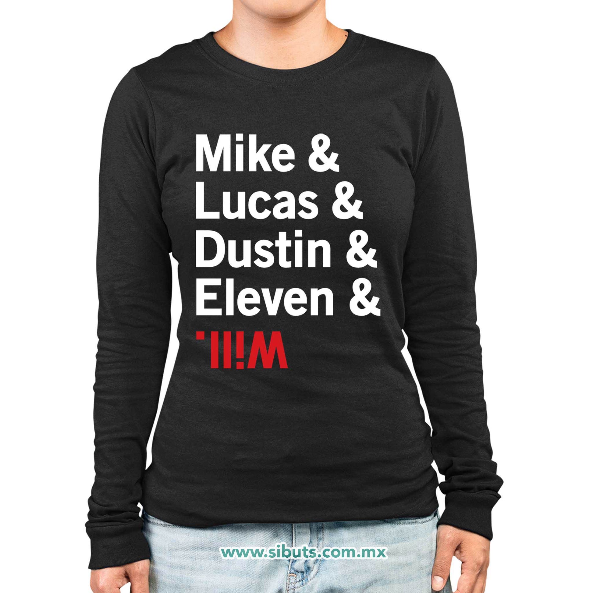 Playera Mujer Manga Larga Stranger Things Names Mike Lucas Dustin Eleven Will