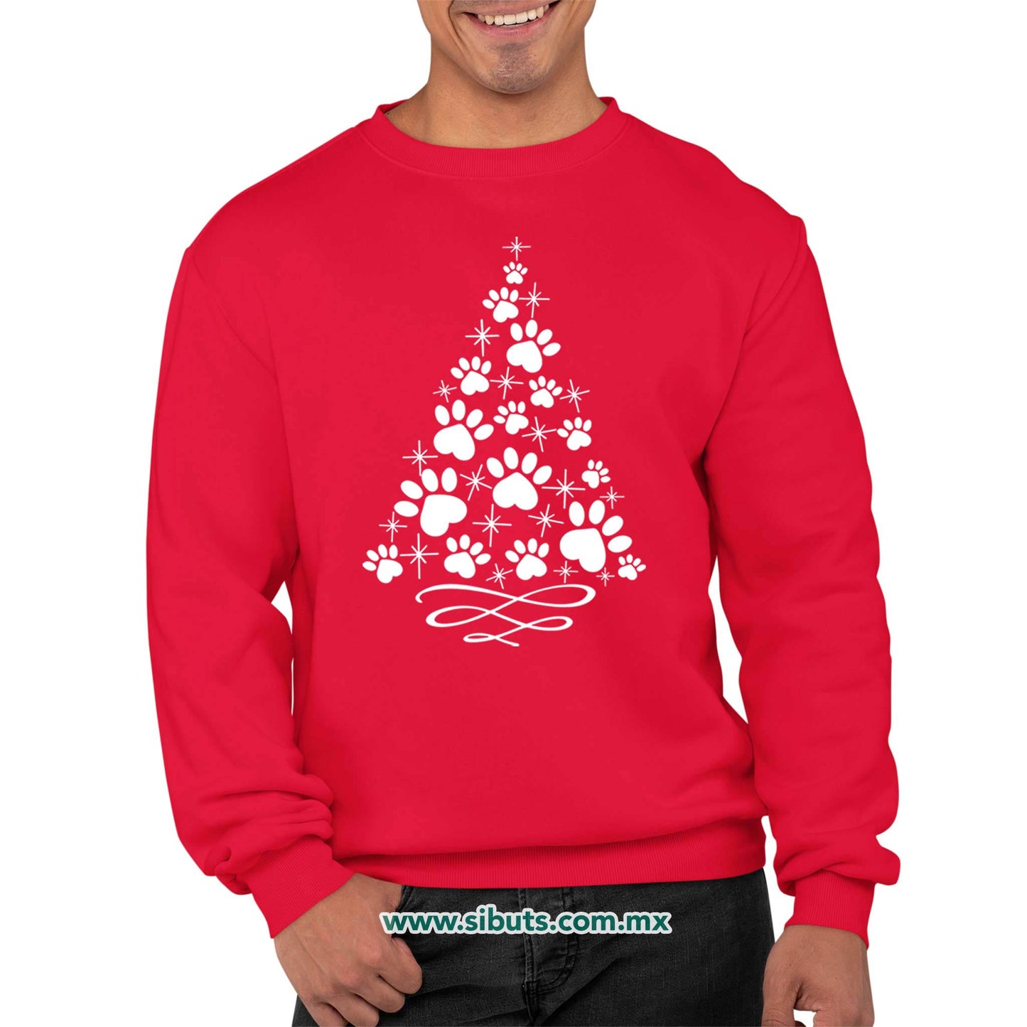 Sudadera Hombre Cuello Redondo Árbol Navidad Con Huella De Perrito