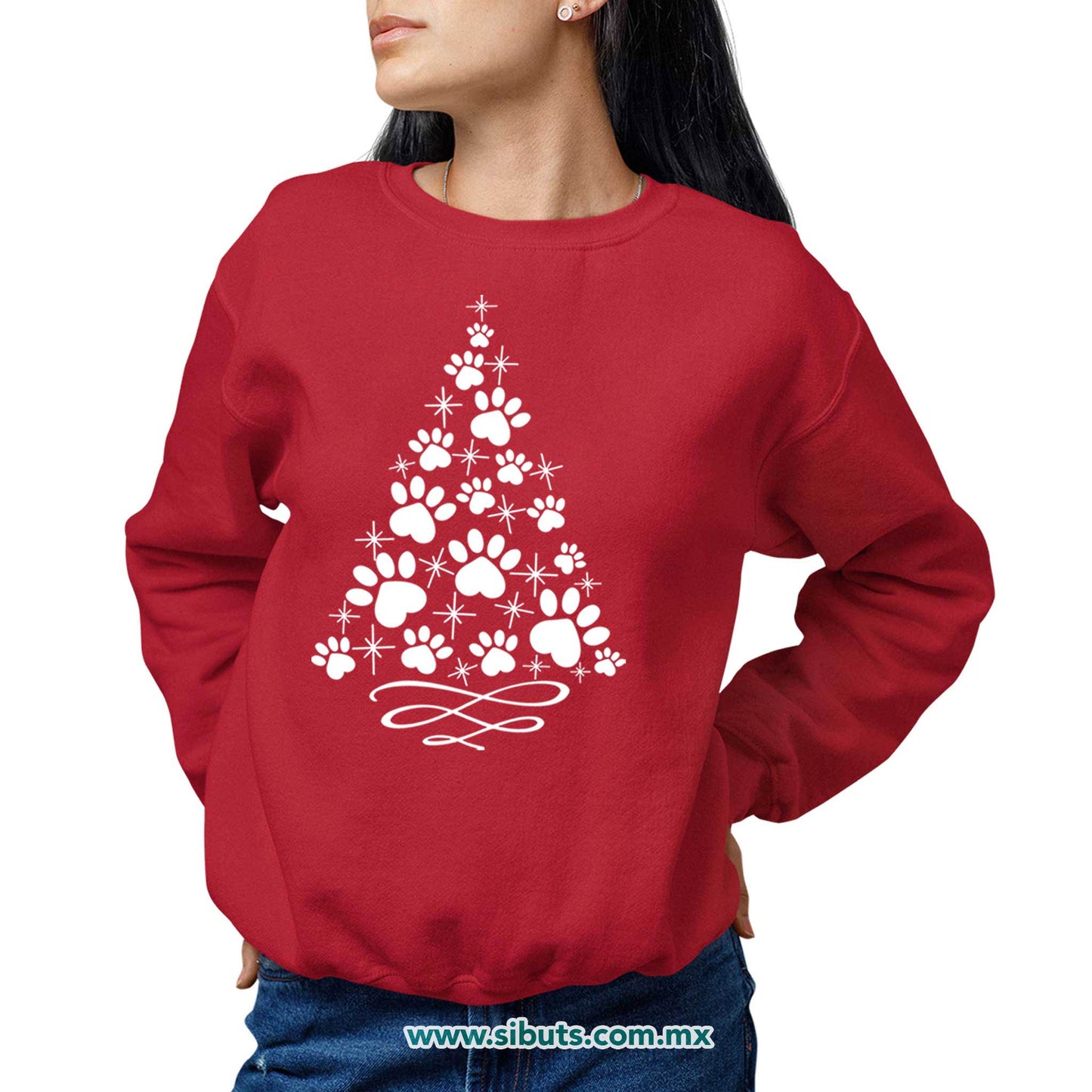 Sudadera Mujer Cuello Redondo Árbol Navidad Con Huella De Perrito
