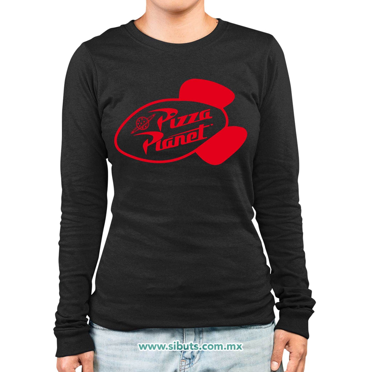 Playera Mujer Manga Larga Toy Story Pizza Planet Rojo