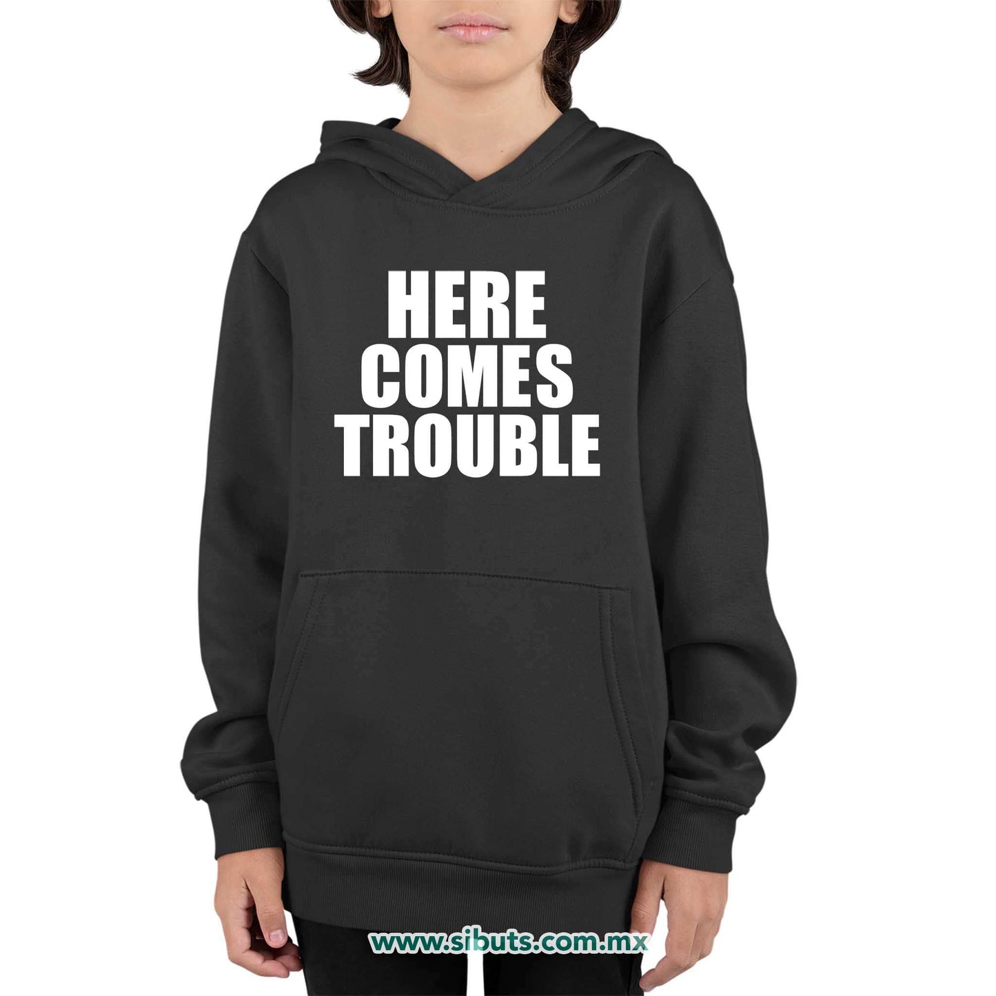 Sudadera Niño Gorro Frase Here Comes Trouble
